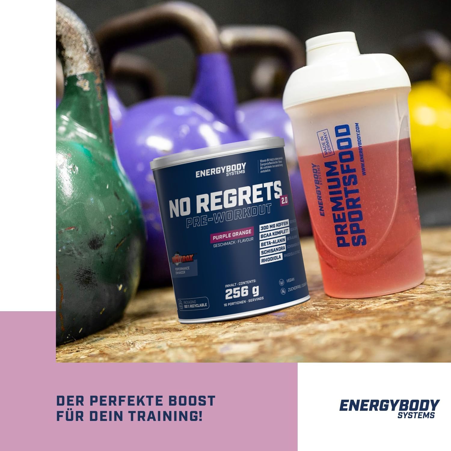 Ausdauer & Energie – Energybody® No Regrets Preworkout Booster 256 g for Strength Training, Endurance or Gaming/Strong Caffeine Booster with BCAA Arginine, Beta-Alanine, Taurine - Purple Orange Flavour - 18 Servings – Bild 5