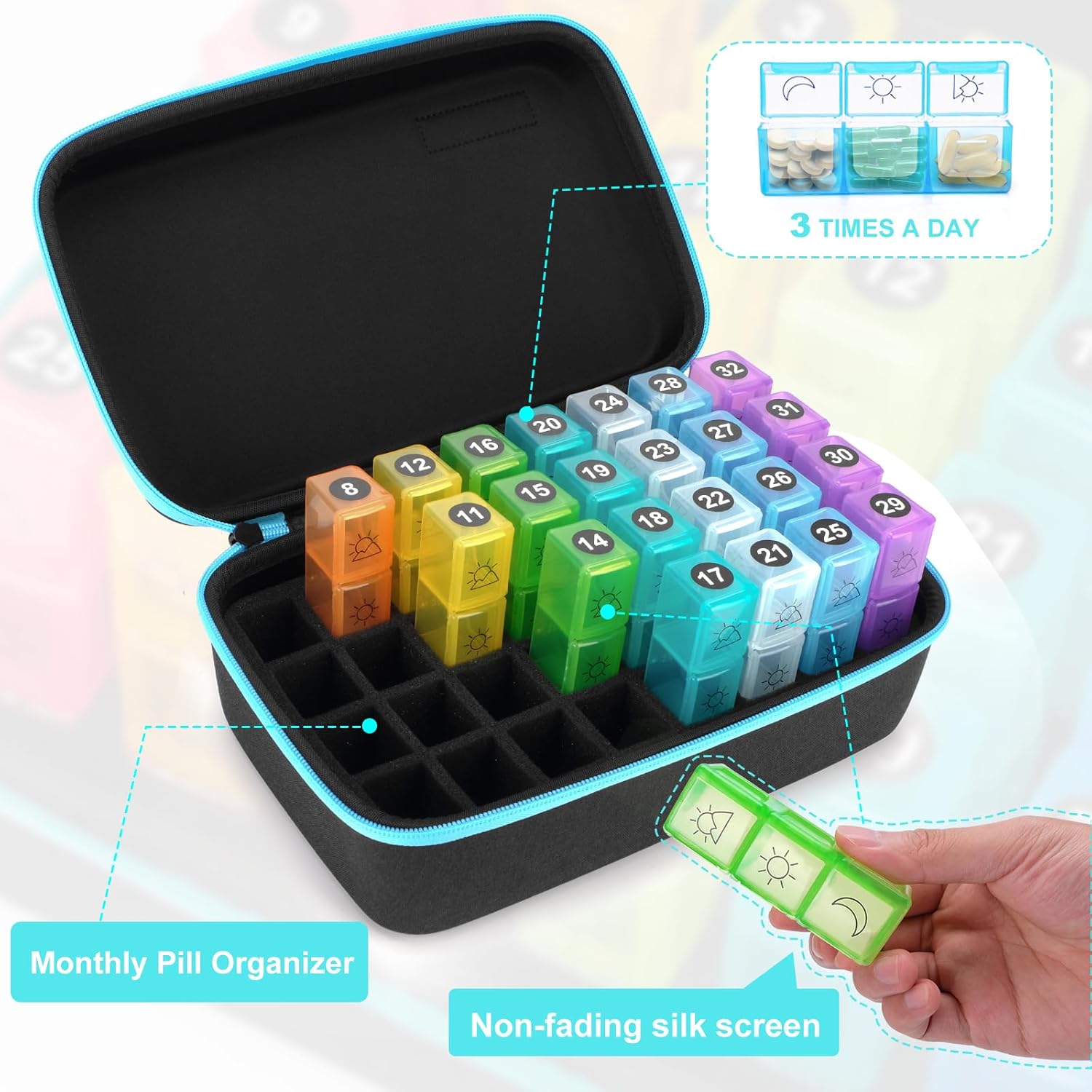 Potenzmittel & Standfestigkeit – Monthly Pill Box, 3 Times a Day, 30 Day Travel Pill Box with 32 Daily Compartments, Monthly Pill Box for Fish Oil, Vitamins, Supplements and Medicines – Bild 3