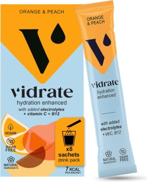 Ausdauer & Energie – ViDrate Electrolyte Powder without Sugar - Orange & Peach Flavoured Electrolyte Drink with Vitamins & Natural Ingredients for Adults - Pack of 8 Hydration Powder Bags