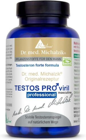 Potenzmittel & Standfestigkeit – Testos Pro according to Dr. Michalzik 120 Vegan Capsules, Special Formula Chrysine, Tribulus Terrestris, Ashwaganda, Lignans and Organically Bonded Zinc, No Additives of Biotikon®