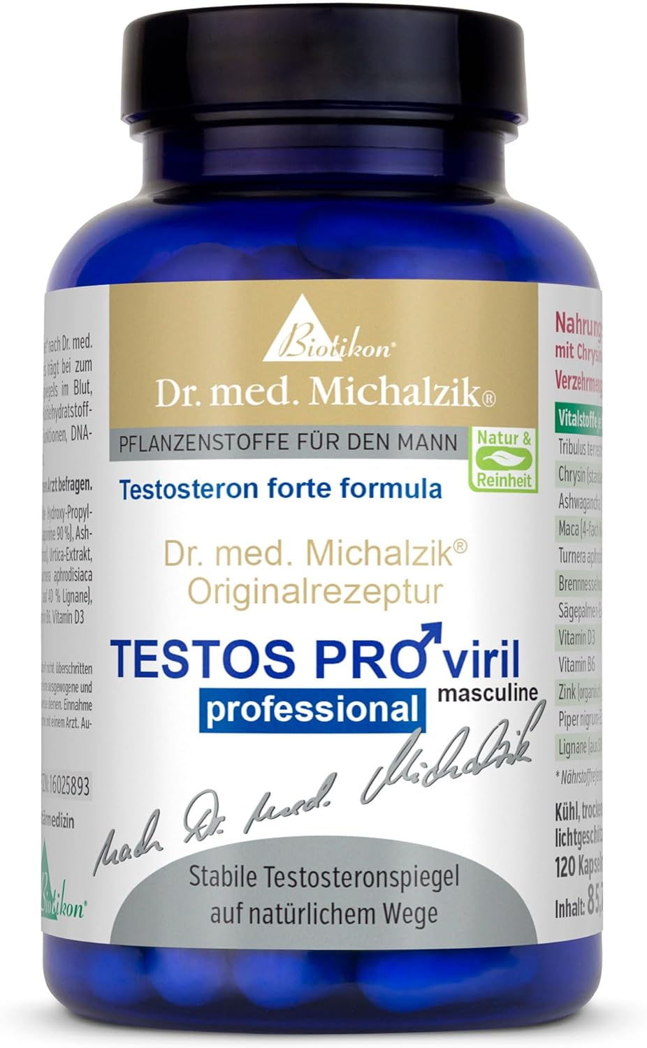 Potenzmittel & Standfestigkeit – Testos Pro according to Dr. Michalzik 120 Vegan Capsules, Special Formula Chrysine, Tribulus Terrestris, Ashwaganda, Lignans and Organically Bonded Zinc, No Additives of Biotikon®