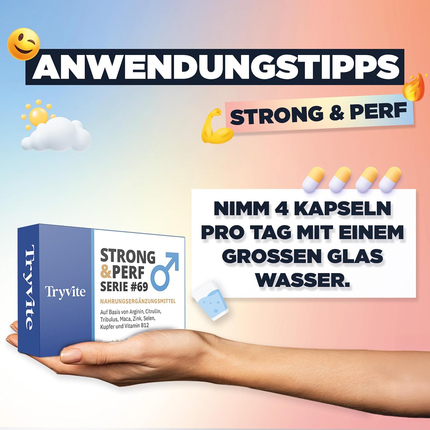 Potenzmittel & Standfestigkeit – TRYVITE Strong & Perf – 60 Capsules for Men – Complex of Ginseng & Maca + Arginine & Citrulline – Zinc & Selenium for Endurance, Vitality & Energy – Bild 5