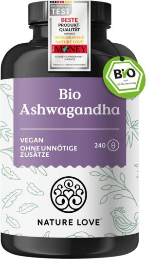 Potenzmittel & Standfestigkeit – NATURE LOVE® Organic Ashwagandha – 240 Capsules – High Dose with 1950 mg per Daily Dose – High-Quality Indian Ashwagandha – Laboratory Tested, Vegan, Produced in Germany