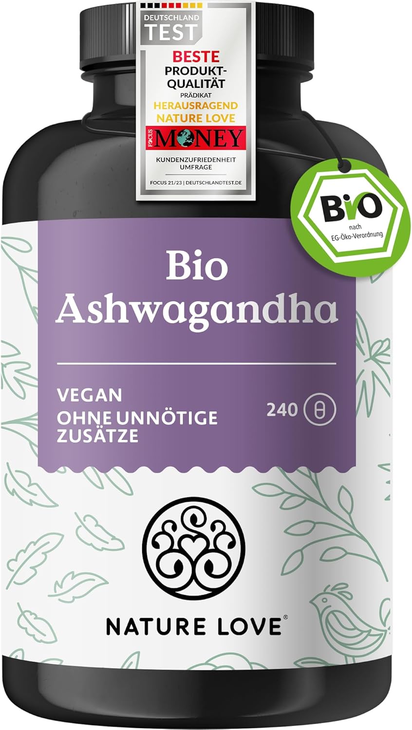 Potenzmittel & Standfestigkeit – NATURE LOVE® Organic Ashwagandha – 240 Capsules – High Dose with 1950 mg per Daily Dose – High-Quality Indian Ashwagandha – Laboratory Tested, Vegan, Produced in Germany