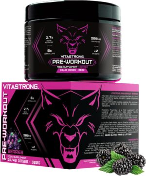 Ausdauer & Energie – Pre Workout Booster 300 g, Vegan Preworkout with L Citrulline Powder, Beta Alanine, Caffeine, Taurine, AstraGin, Panax Notoginseng, Vitastrong Booster Pre Workout (24 Servings (Pack of 1), Berries)