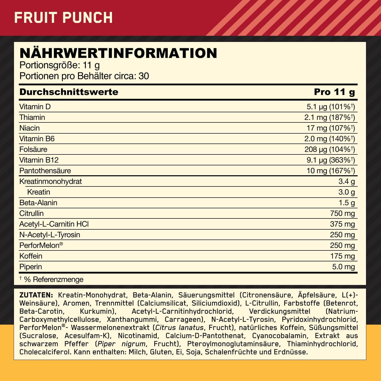 Ausdauer & Energie – Optimum Nutrition Gold Standard Pre Workout Energy Drink Powder with Creatine Monohydrate, Beta Alanine, Caffeine and Vitamin B Complex, Fruit Punch, 30 Servings, 330g – Bild 7