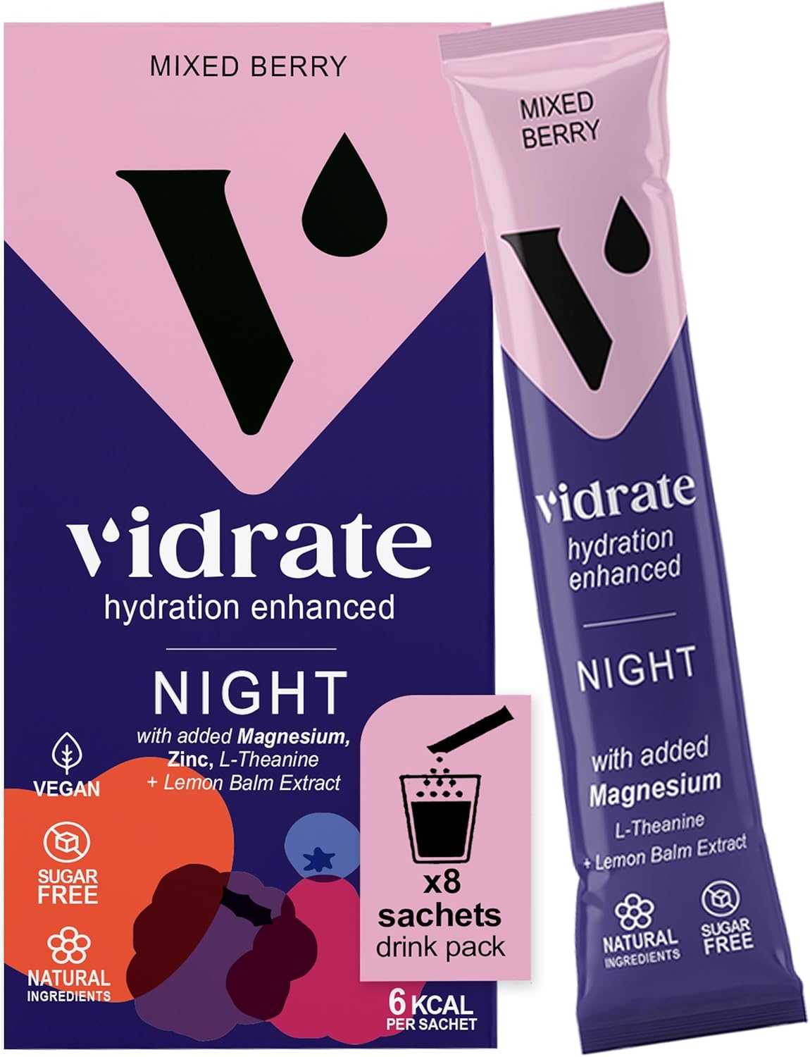 Ausdauer & Energie – Electrolyte Powder without Sugar - Night Time Mixed Berry Flavoured Electrolyte Drink with Vitamins & Natural Ingredients for Adults - ViDrate Pack of 8 Hydration Powder Bags