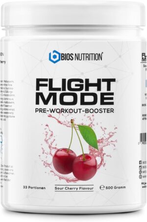 Ausdauer & Energie – Flightmode Pre Workout Booster 500 g (Sour Cherry) Vegan - 33 Servings - No Tingling & No Creatine - Bios Nutrition (Made in Germany)