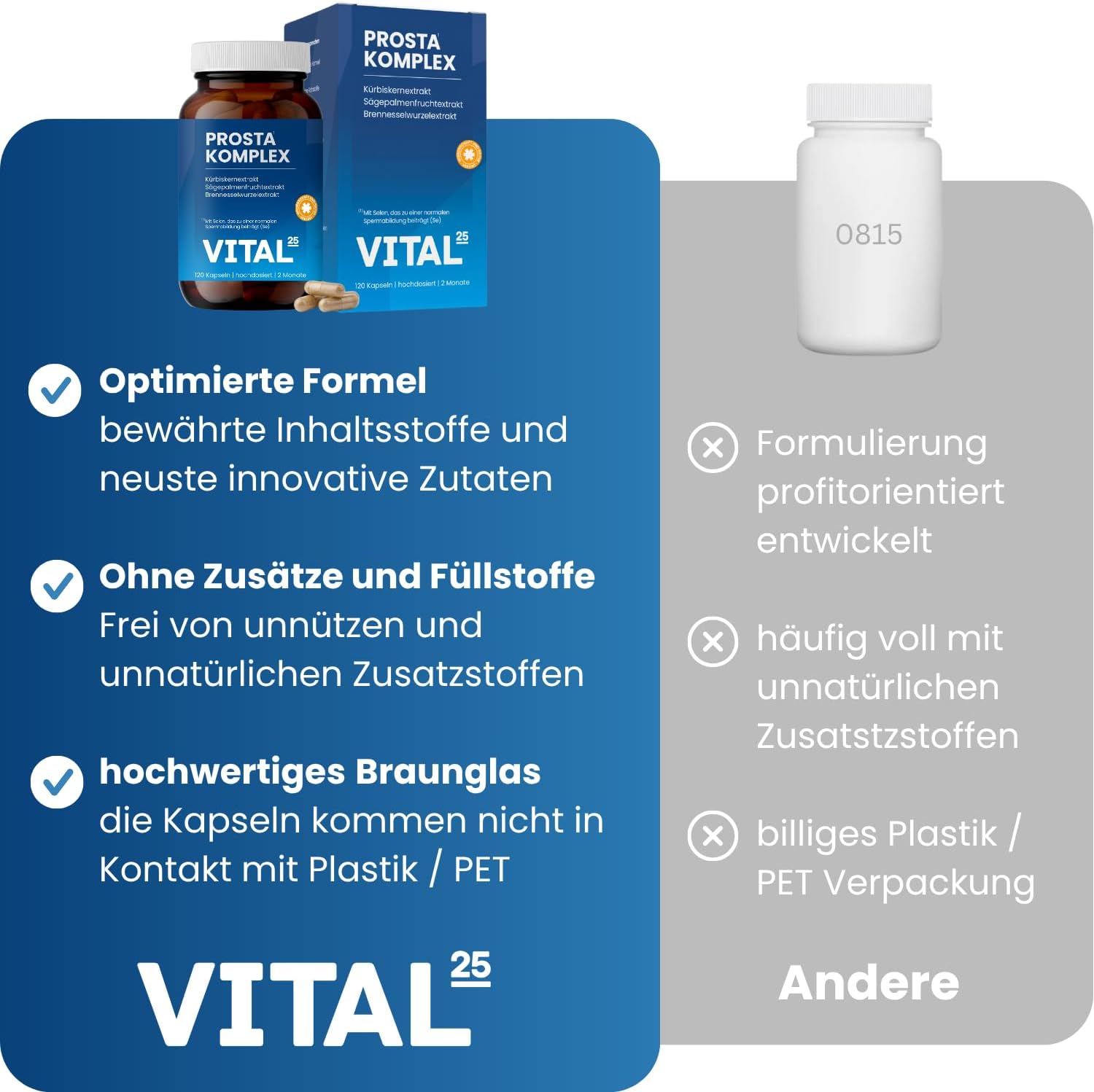 Ausdauer & Energie – Prosta Complex Capsules in Brown Glass - High Dose with Saw Palmetto Extract, Nettle, Pumpkin Seed, OPC, Lycopene, Vitamin E, Zinc, Selenium - Vegan - 120 Capsules for 2 Months Vital25® – Bild 2