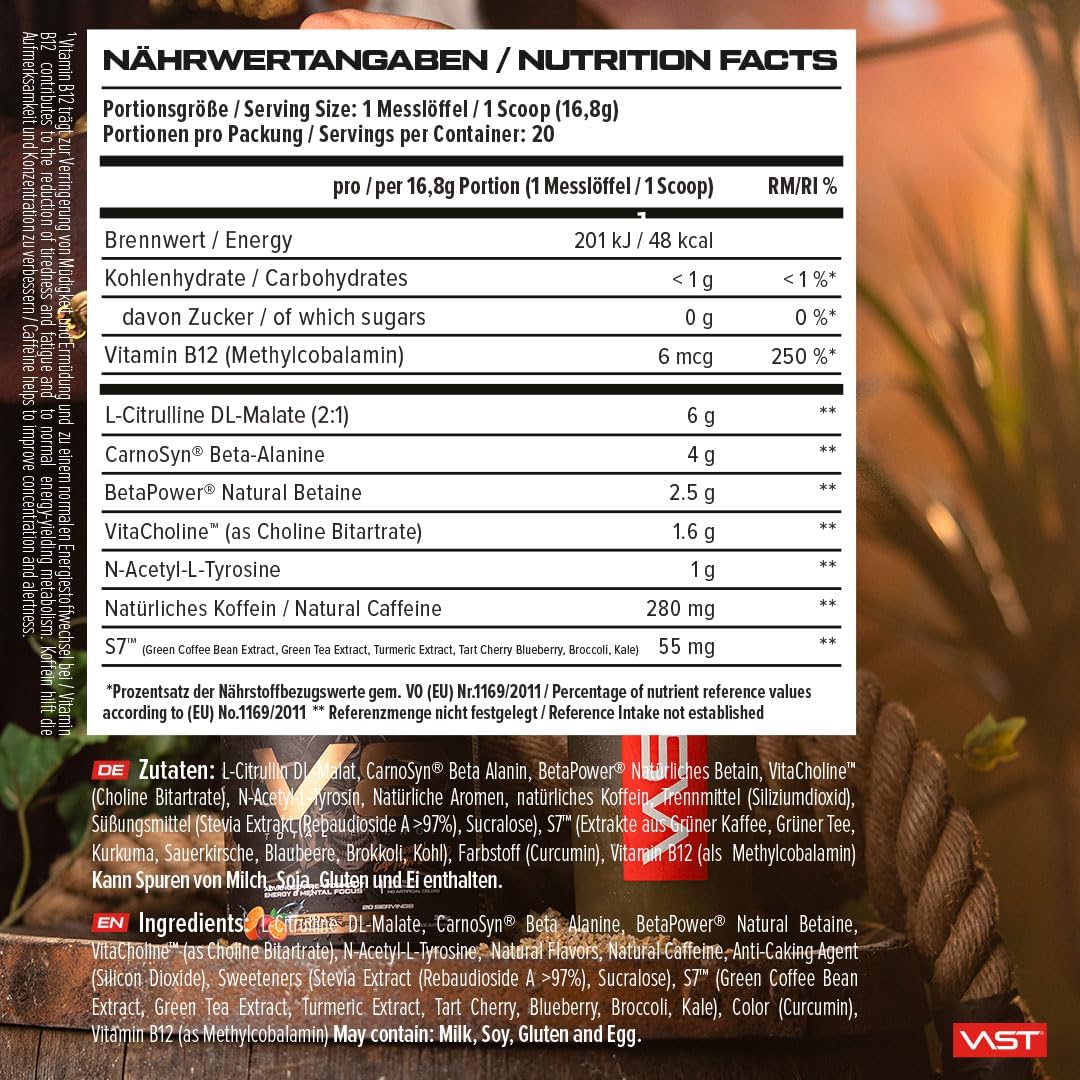 Ausdauer & Energie – V8 Total Energy - Pre Workout Booster - Training Booster - CarnoSyn®, BetaPower®, Natural Caffeine - Vegan - Sugar Free - 20 Servings - Made in Germany (Orange Passionfruit) – Bild 4