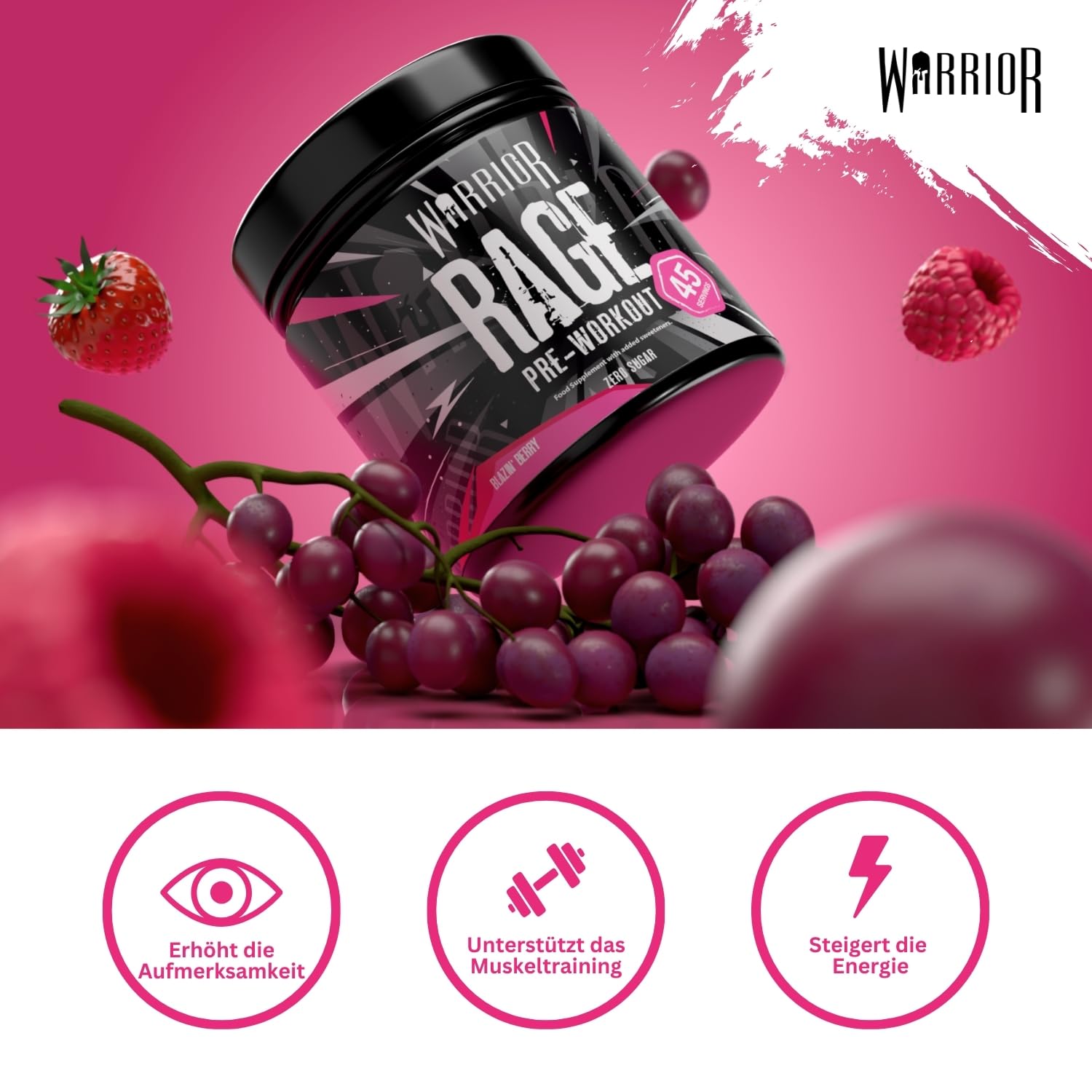 Ausdauer & Energie – Warrior RAGE Pre Workout Powder, Blazin' Berry, 392g (45 Servings) – Bild 5