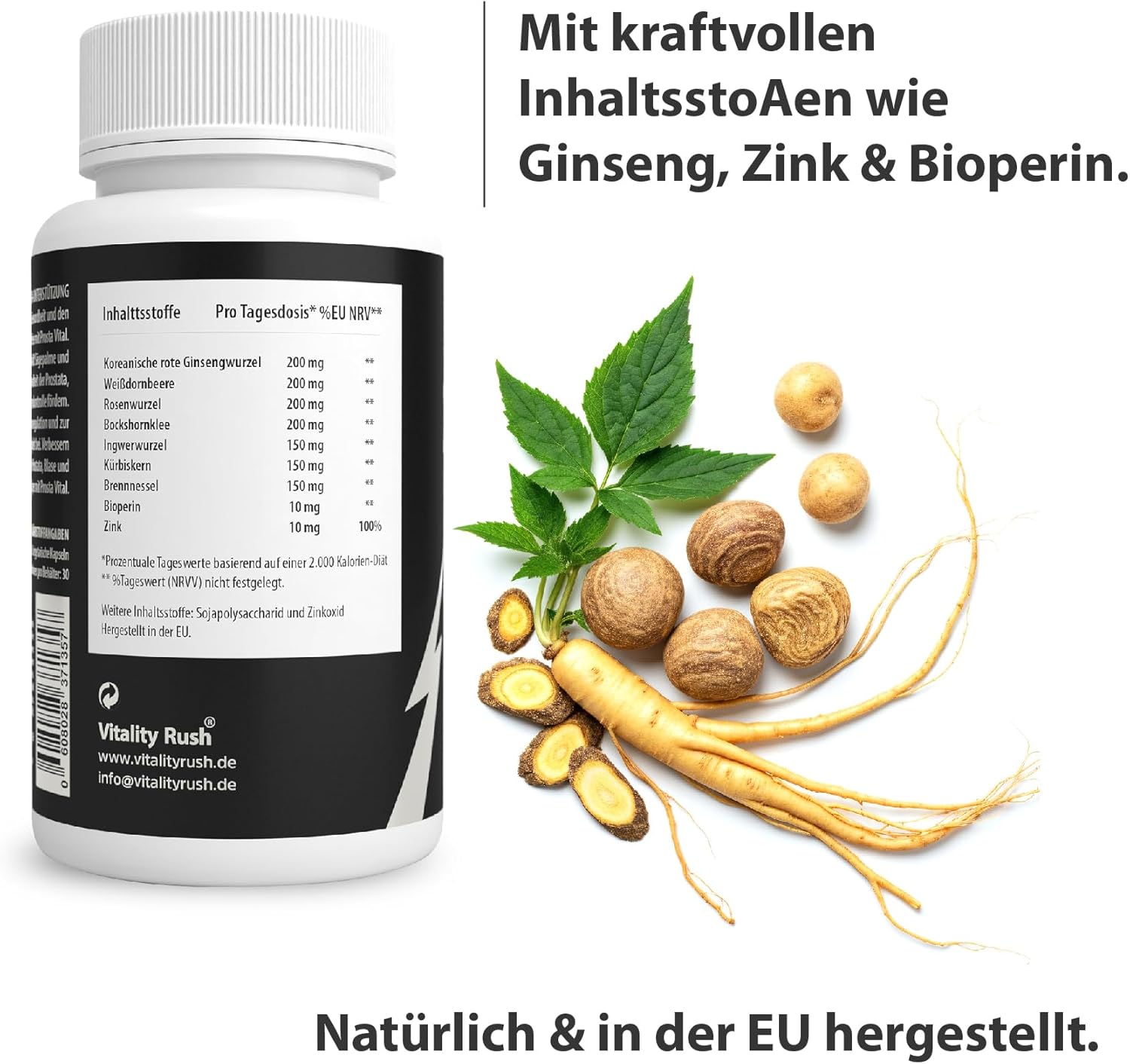 Potenzmittel & Standfestigkeit – Men's Hero Caps - 60 Capsules - Ginseng, Zinc, Bioperine & Plant Extracts for Men - Energy, Endurance & Focus - Vegan & No Additives - Made in the EU - Laboratory Tested Quality – Bild 2