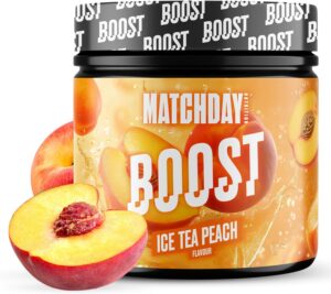 Ausdauer & Energie – MATCHDAY NUTRITION Boost 90 Minutes Full Gas Football ATP Booster with Amino Acids and Carbohydrates More Speed Power, Explosivity & Endurance 20 Servings (Ice Tea Peach)