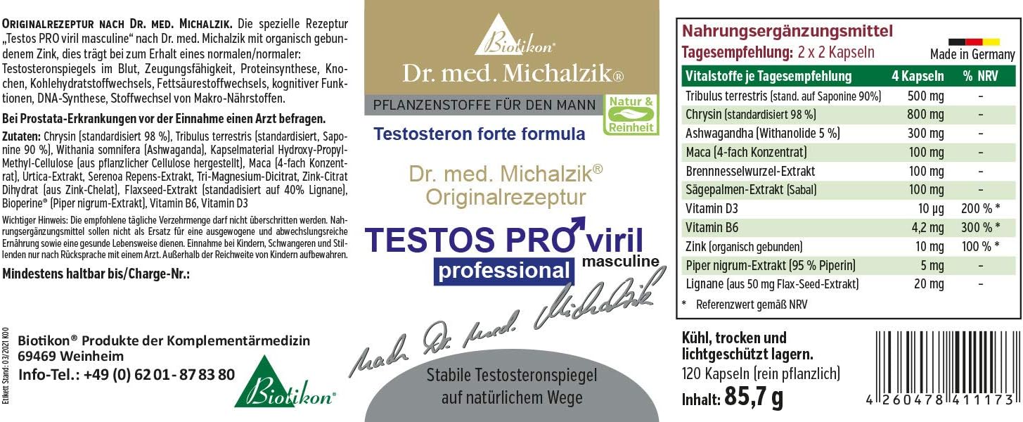 Potenzmittel & Standfestigkeit – Testos Pro according to Dr. Michalzik 120 Vegan Capsules, Special Formula Chrysine, Tribulus Terrestris, Ashwaganda, Lignans and Organically Bonded Zinc, No Additives of Biotikon® – Bild 2