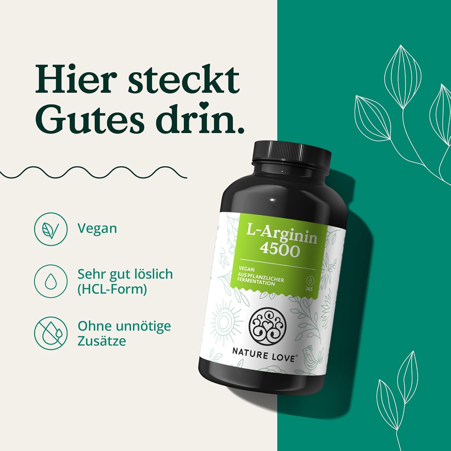 Potenzmittel & Standfestigkeit – NATURE LOVE® L-Arginine – comparison winner 2019 – 365 vegan capsules High dosage: 4500 mg L-Arginine HCL (=3750mg pure L-Arginin) per daily dose. Vegetable fermentation. Made in Germany. – Bild 4