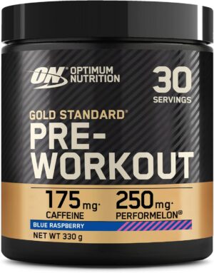 Ausdauer & Energie – Optimum Nutrition ON Gold Standard Pre Workout, Energy Drink Powder with Creatine Monohydrate, Beta Alanine, Caffeine and Vitamin B Complex, Blue Raspberry, 30 Servings, 330 g, Packaging May Vary