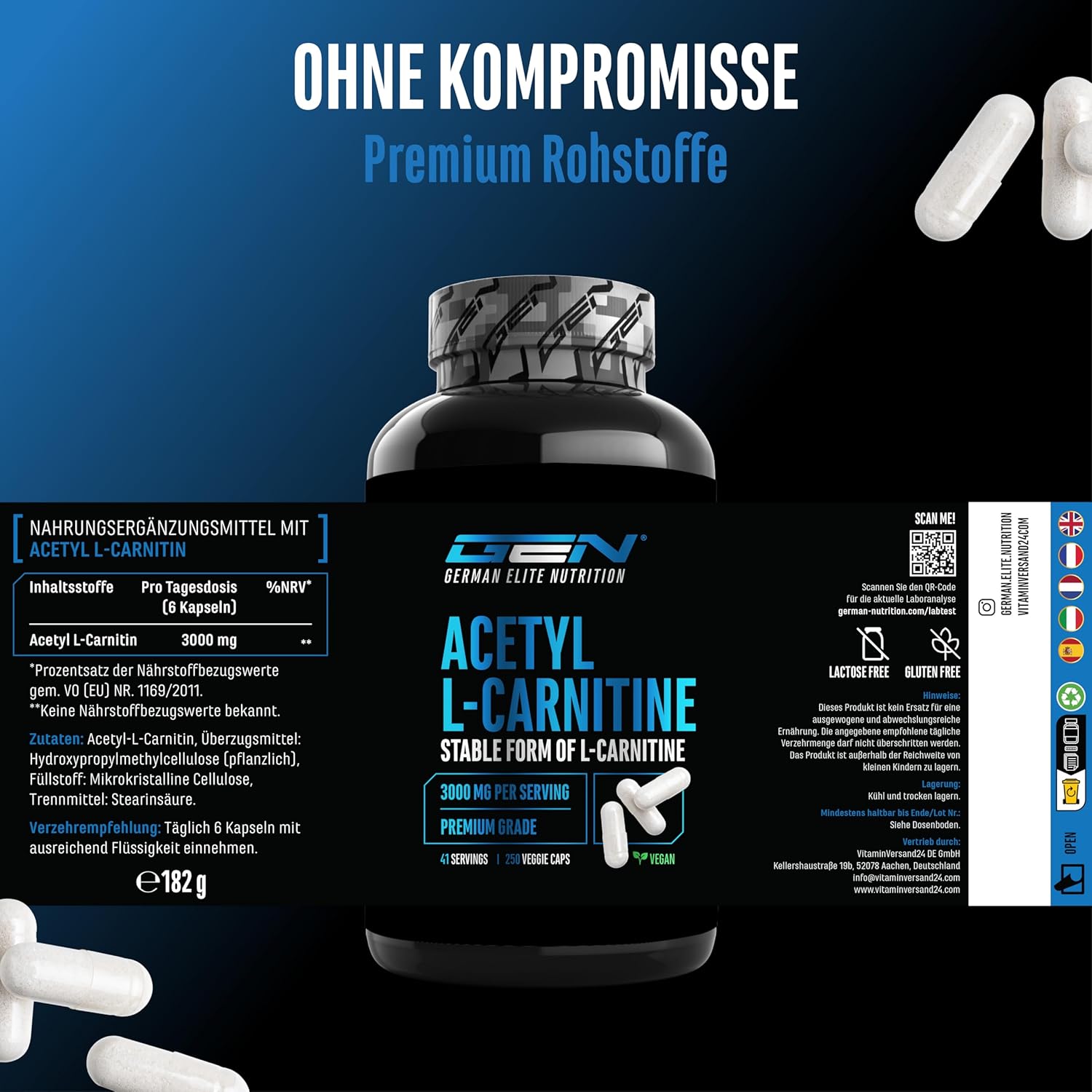 Ausdauer & Energie – Acetyl L-Carnitine 3000-250 Tablets 3000 mg per Daily Dose - Extra Strong - 100% Acetyl L-Carnitine -Strongest L-Carnitine Form - Vegan - Premium Quality German Elite Nutrition – Bild 5