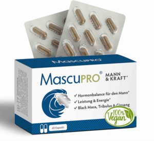 Potenzmittel & Standfestigkeit – MascuPRO Mann & Kraft - 20:1 Black Maca, Tribulus, Fenugreek, Cordyceps, Zinc & Amino Acids, 60 Capsules for Energy, Performance & Hormone Balance