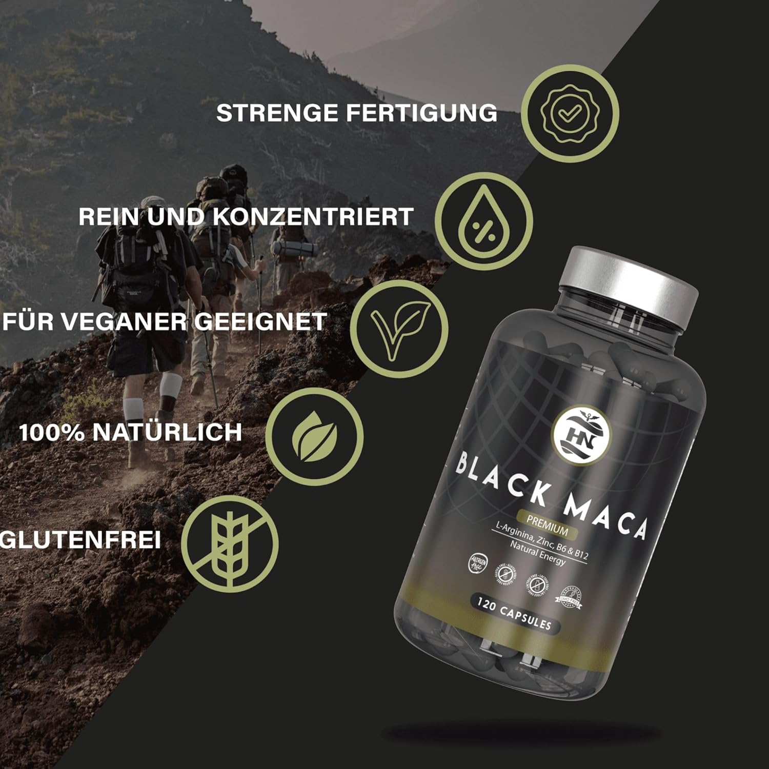 Potenzmittel & Standfestigkeit – Maca Capsules with L Arginine High Dose. Maca Root 20:1 Equivalent to 24000 mg for Maximum Energy and Performance, Black Maca with Vitamins B6 and B12, Black Maca for Men and Women (120 Capsules) – Bild 7