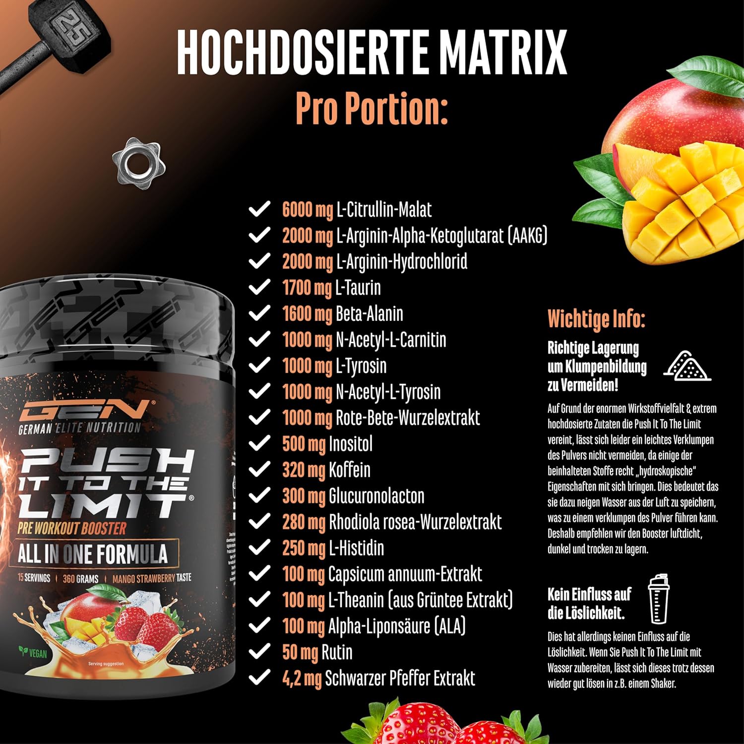 Ausdauer & Energie – Push it to the Limit - Pre Workout with L-Arginine + Citrulline + L-Tyrosine + L-Theanine + L-Carnitine + AAKG + Taurine + Rhodiola Rose Root + Caffeine - High Dose - 360 g - Mango Strawberry Taste – Bild 2