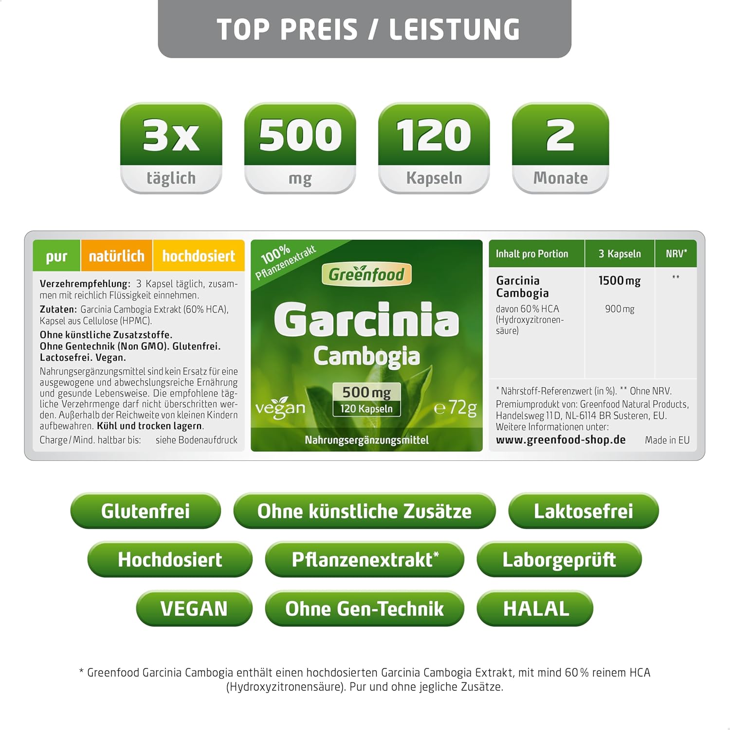 Potenzmittel & Standfestigkeit – Garcinia Cambogia, High Dosage, 500 mg – 120 Capsules, Vegan. High Quality Extract – with at least 60% HCA. No Artificial Additives – Laboratory Tested Greenfood. – Bild 2
