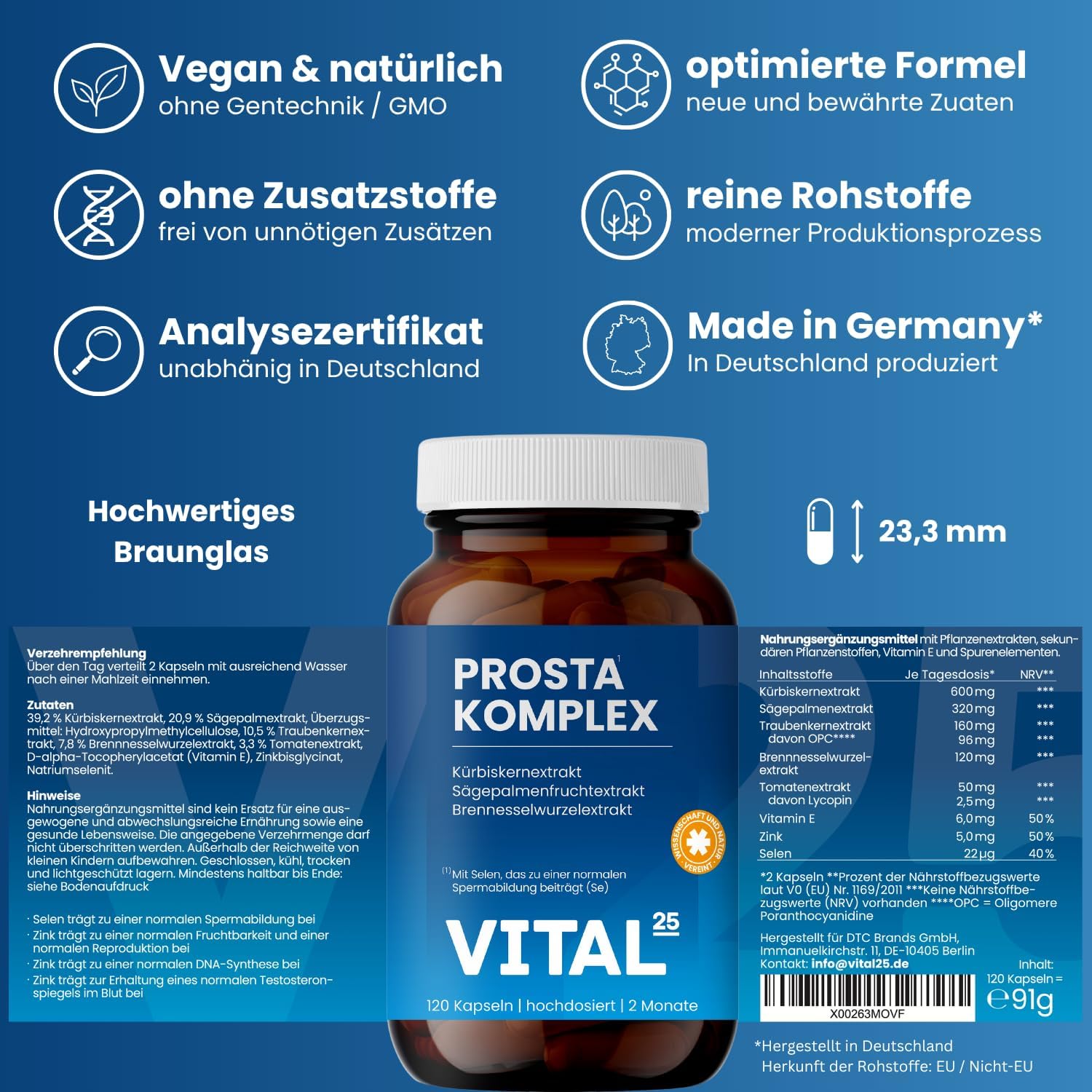 Ausdauer & Energie – Prosta Complex Capsules in Brown Glass - High Dose with Saw Palmetto Extract, Nettle, Pumpkin Seed, OPC, Lycopene, Vitamin E, Zinc, Selenium - Vegan - 120 Capsules for 2 Months Vital25® – Bild 9