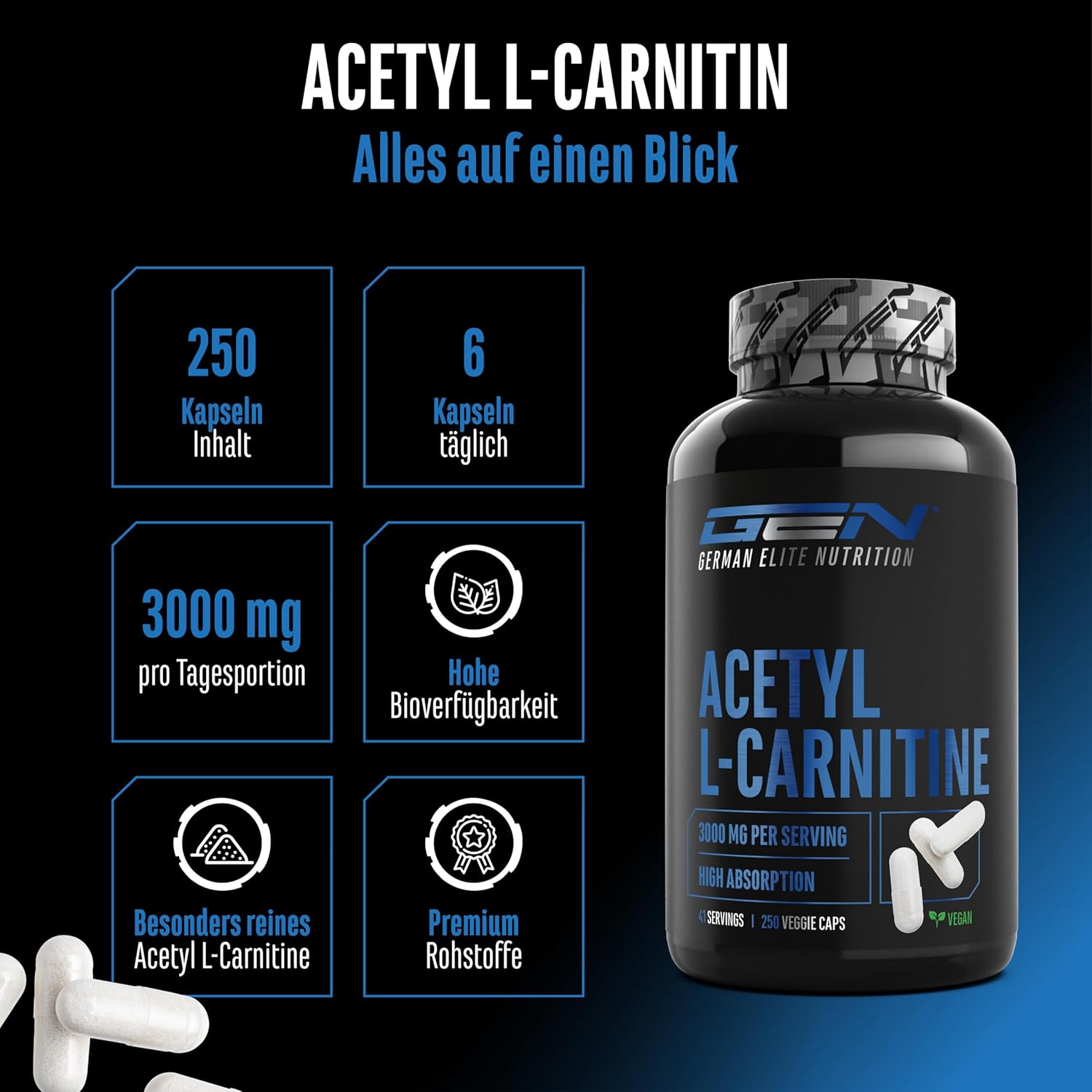 Ausdauer & Energie – Acetyl L-Carnitine 3000-250 Tablets 3000 mg per Daily Dose - Extra Strong - 100% Acetyl L-Carnitine -Strongest L-Carnitine Form - Vegan - Premium Quality German Elite Nutrition – Bild 2