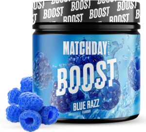 Ausdauer & Energie – MATCHDAY NUTRITION Boost for Footballers I ATP Booster I Athlete Drink with Amino Acids and Carbohydrates I 20 Servings for More Speed Power, Explosivity & Endurance (Blue Razz)