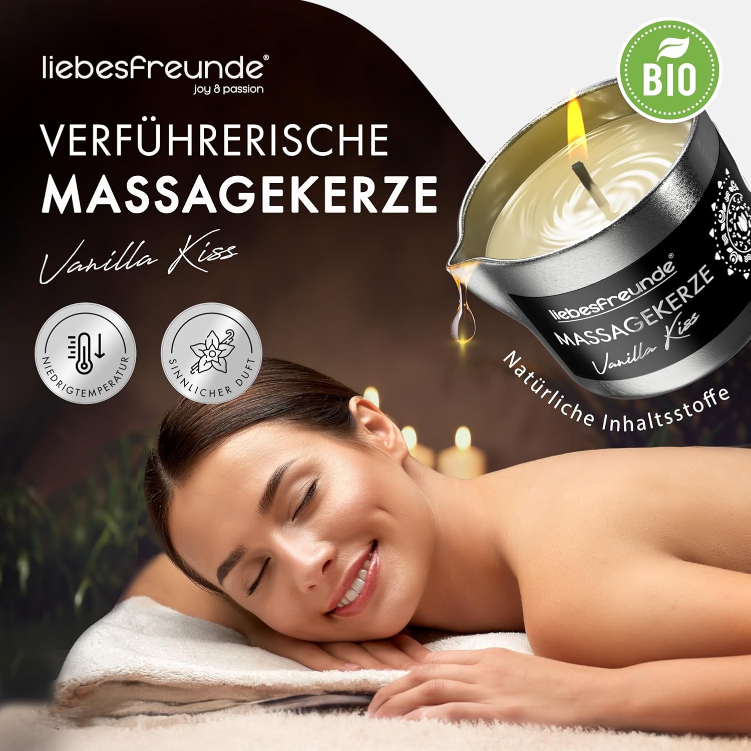 Penisvergrößerung & Pflege – Liebesfreunde® Organic Massage Candle Vanilla Kiss for Sensual Massages with Coconut Oil and Aloe Vera, Erotic Massage Candle for Couples, Sex Candle, 50 ml – Bild 2