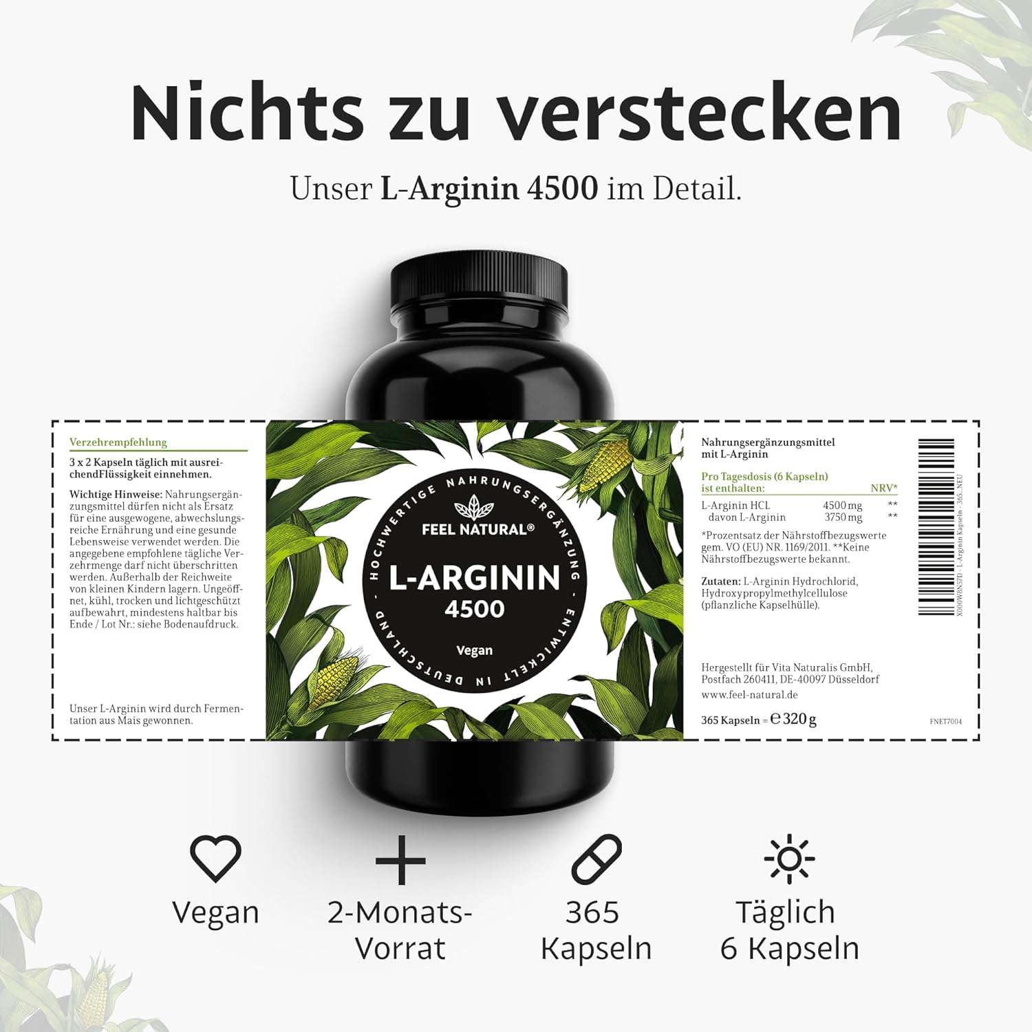 Potenzmittel & Standfestigkeit – L-Arginine 365 Vegan Capsules with 4500 mg Vegetable L-Arginine HCL from Fermentation (of Which 3750 mg Pure L-Arginin) Per Daily Dose, No Additives, High Dose, Vegan, Made In Germany – Bild 6