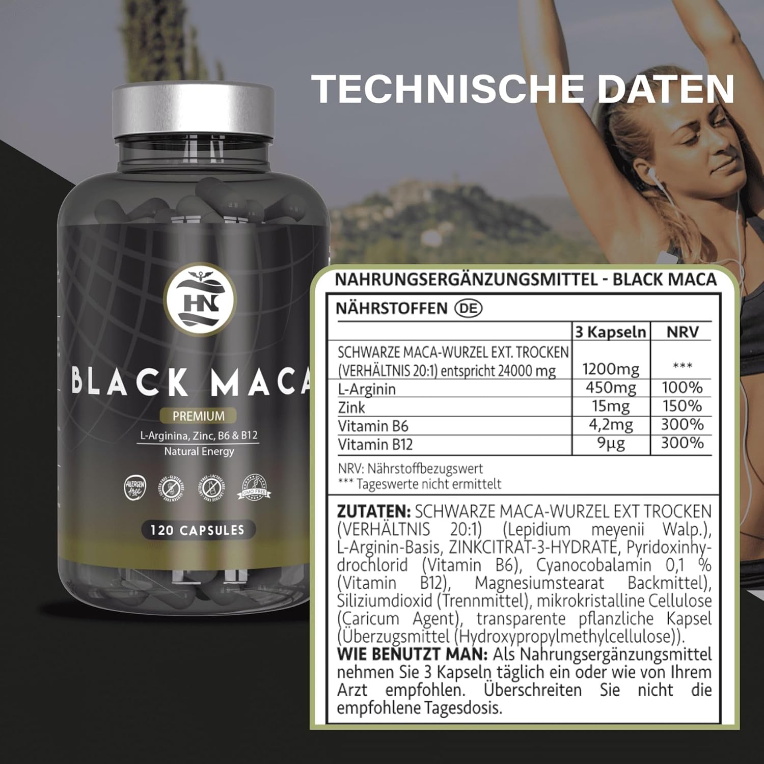 Potenzmittel & Standfestigkeit – Maca Capsules with L Arginine High Dose. Maca Root 20:1 Equivalent to 24000 mg for Maximum Energy and Performance, Black Maca with Vitamins B6 and B12, Black Maca for Men and Women (120 Capsules) – Bild 8