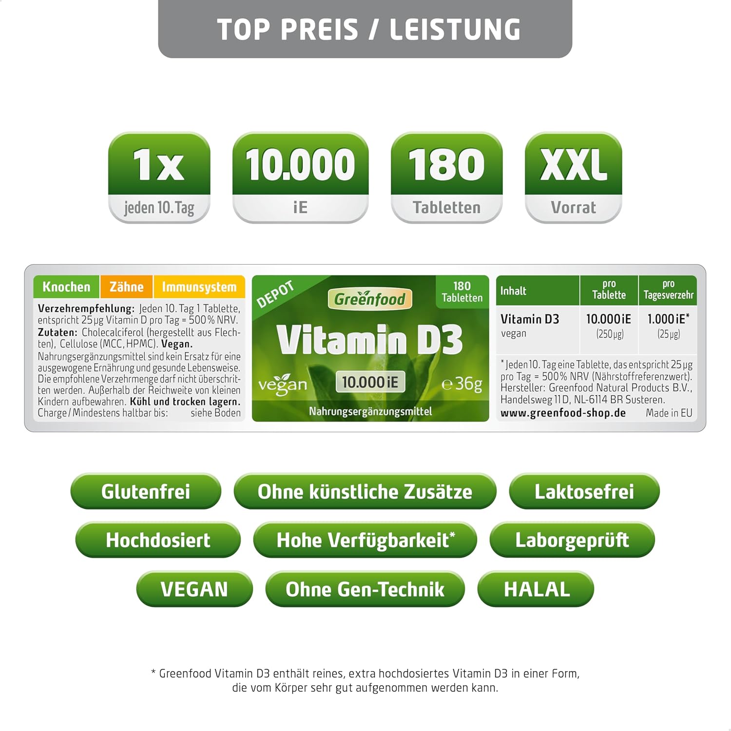 Potenzmittel & Standfestigkeit – Vitamin D3, extra high dose, 10,000 iU - 180 tablets, vegan. 10-day ration - for immune system, bones, muscles and teeth. Without artificial additives. Laboratory tested. From Greenfood. – Bild 2