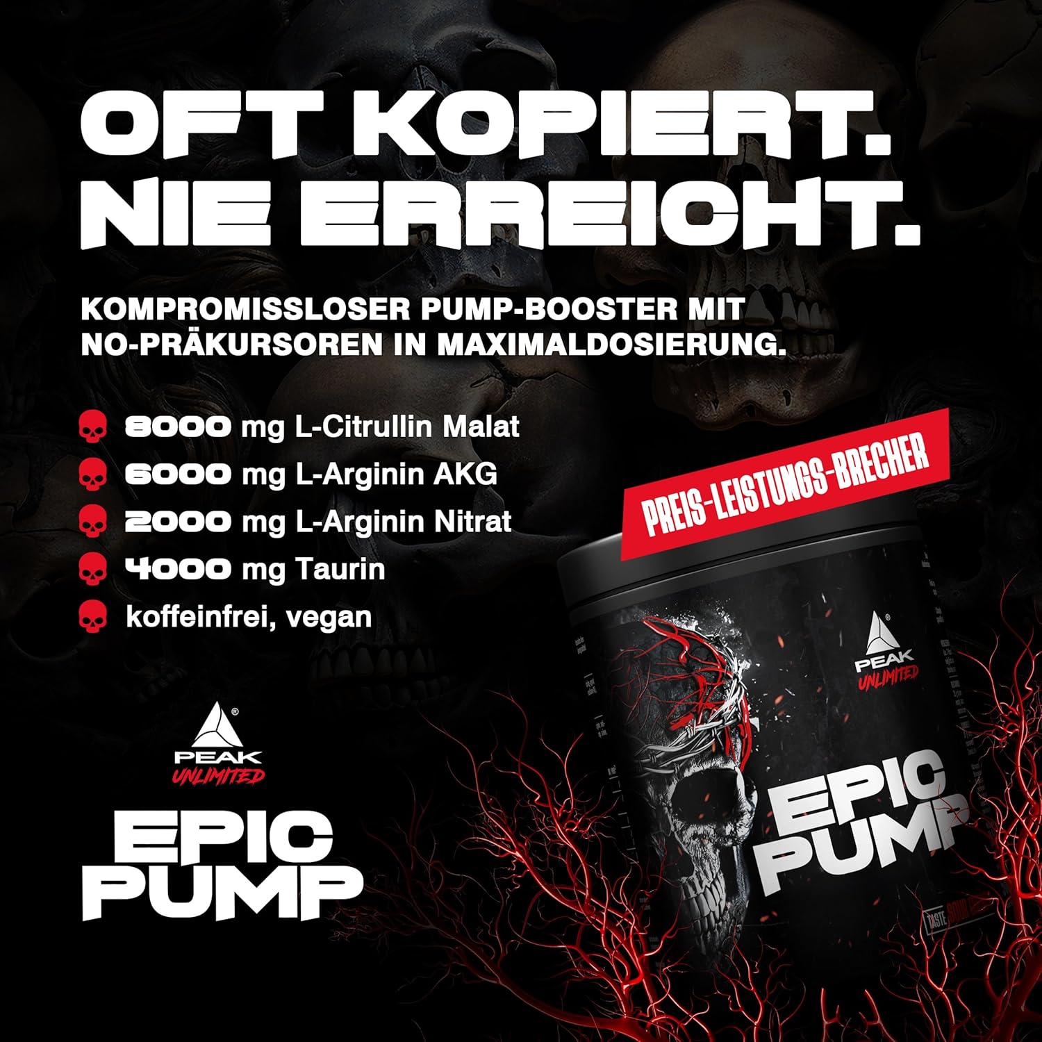 Ausdauer & Energie – PEAK Epic Pump - 500 g Flavour Sour Cherry I 20 Servings I Concentrated Pre Workout Booster without Caffeine with L-Citrulline Malate, L-Arginine AKG (AAKG) / Nitrate, Taurine I Vegan – Bild 3