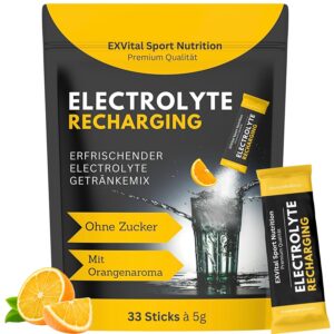 Ausdauer & Energie – EXVital Sport Nutrition Electrolytes, 1 x 33 Powder Sticks, 1531 mg Electrolytes per Stick, Electrolyte Powder, Low Calorie & Sugar-Free, Isotonic Drink Mix with Orange Flavour
