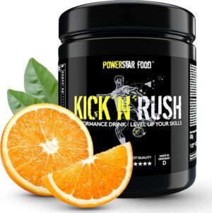 Ausdauer & Energie – Powerstar Kick'N'Rush Juicy Orange 600 g Pre-Workout Booster for Football & Other Ball Sports, Made in Germany, Fitness Powder with Electrolytes & Caffeine, Energy & Endurance in Training