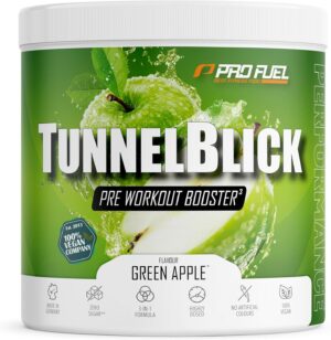 Ausdauer & Energie – Green Apple Pre-Workout Booster - 360 g - Incredibly Delicious - Tunnel View Training Booster with Citrulline, Beta-Alanine, Taurine, Caffeine & Guarana - Optimal High Dose - Made in Germany - 100% Vegan