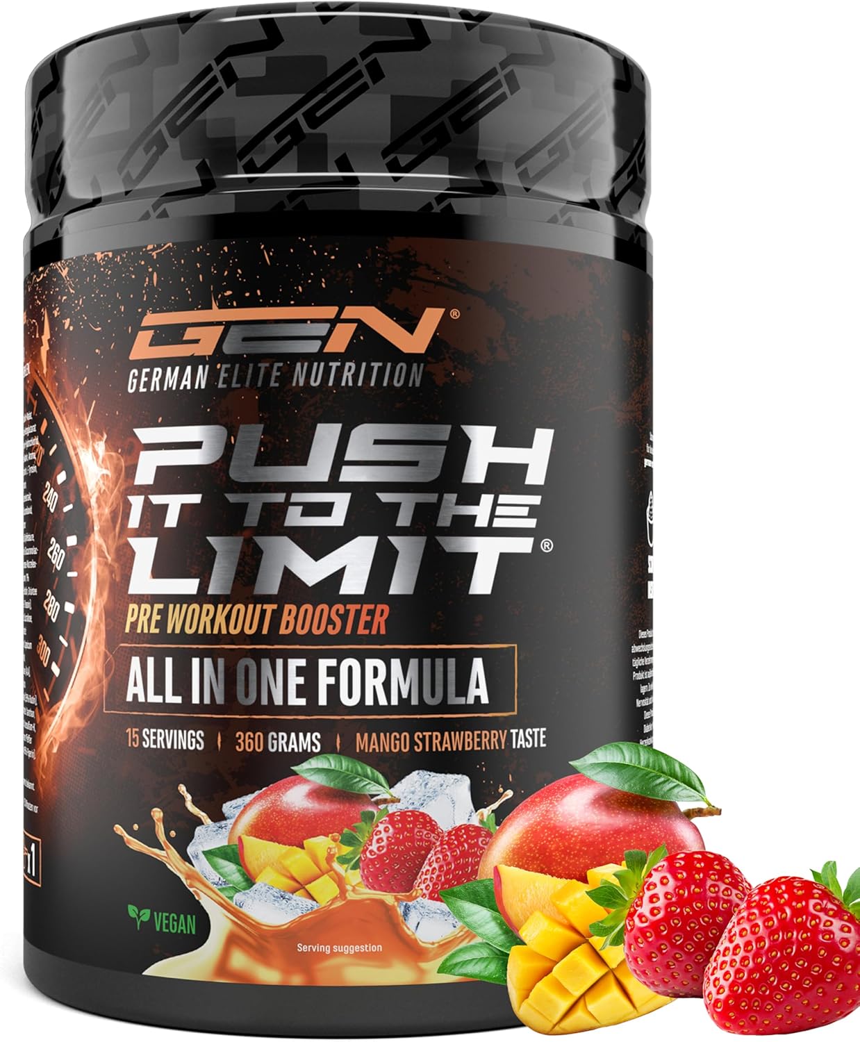 Ausdauer & Energie – Push it to the Limit - Pre Workout with L-Arginine + Citrulline + L-Tyrosine + L-Theanine + L-Carnitine + AAKG + Taurine + Rhodiola Rose Root + Caffeine - High Dose - 360 g - Mango Strawberry Taste