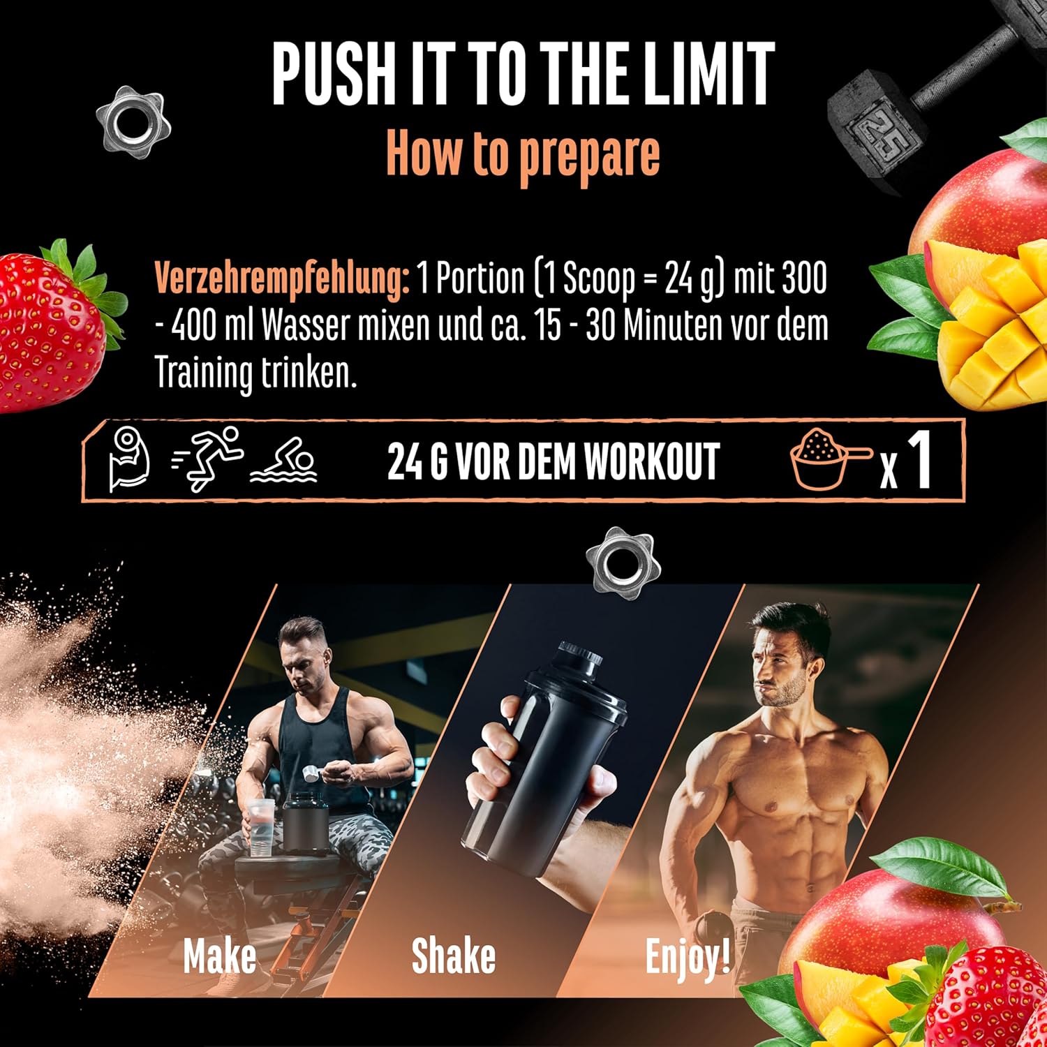 Ausdauer & Energie – Push it to the Limit - Pre Workout with L-Arginine + Citrulline + L-Tyrosine + L-Theanine + L-Carnitine + AAKG + Taurine + Rhodiola Rose Root + Caffeine - High Dose - 360 g - Mango Strawberry Taste – Bild 9
