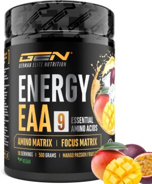 Ausdauer & Energie – EAA Energy Mix - 500 g - Amino Matrix + Focus Matrix - Sugar-Free Alternative to Energy Drinks - With Caffeine, Taurine, Guarana, N-Acetyl-L-Tyrosine - Pre Workout Booster - Vegan (Mango Passion Fruja