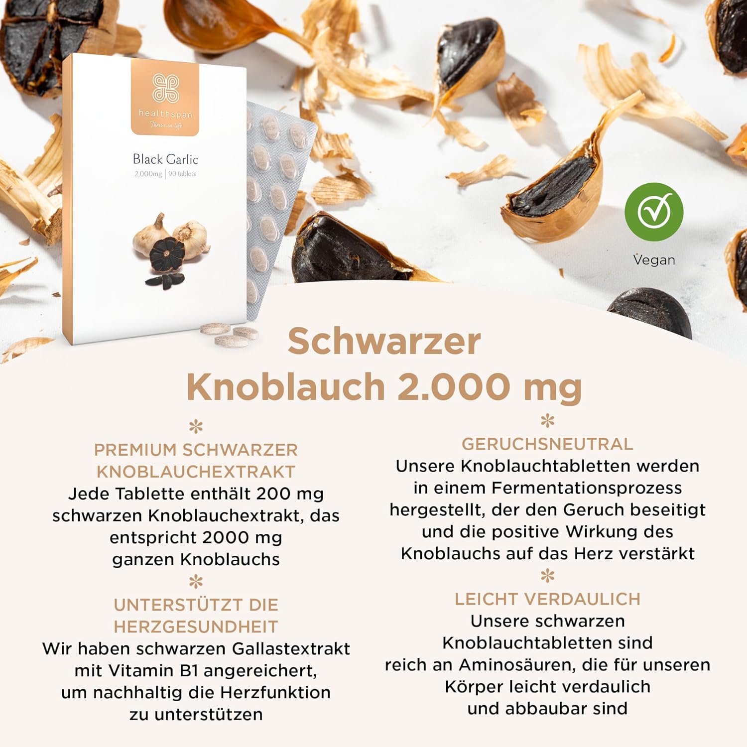 Potenzmittel & Standfestigkeit – Healthspan Black Garlic 2,000 mg | Additional Vitamin B1 | Rich in Amino Acids | Odour Controlled Tablets | Vegan | 90 Tablets – Bild 4