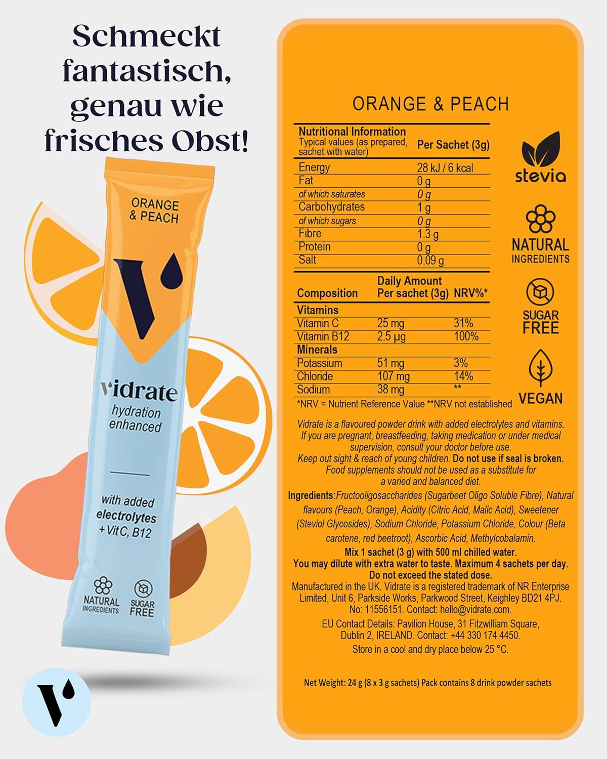 Ausdauer & Energie – ViDrate Electrolyte Powder without Sugar - Orange & Peach Flavoured Electrolyte Drink with Vitamins & Natural Ingredients for Adults - Pack of 8 Hydration Powder Bags – Bild 2