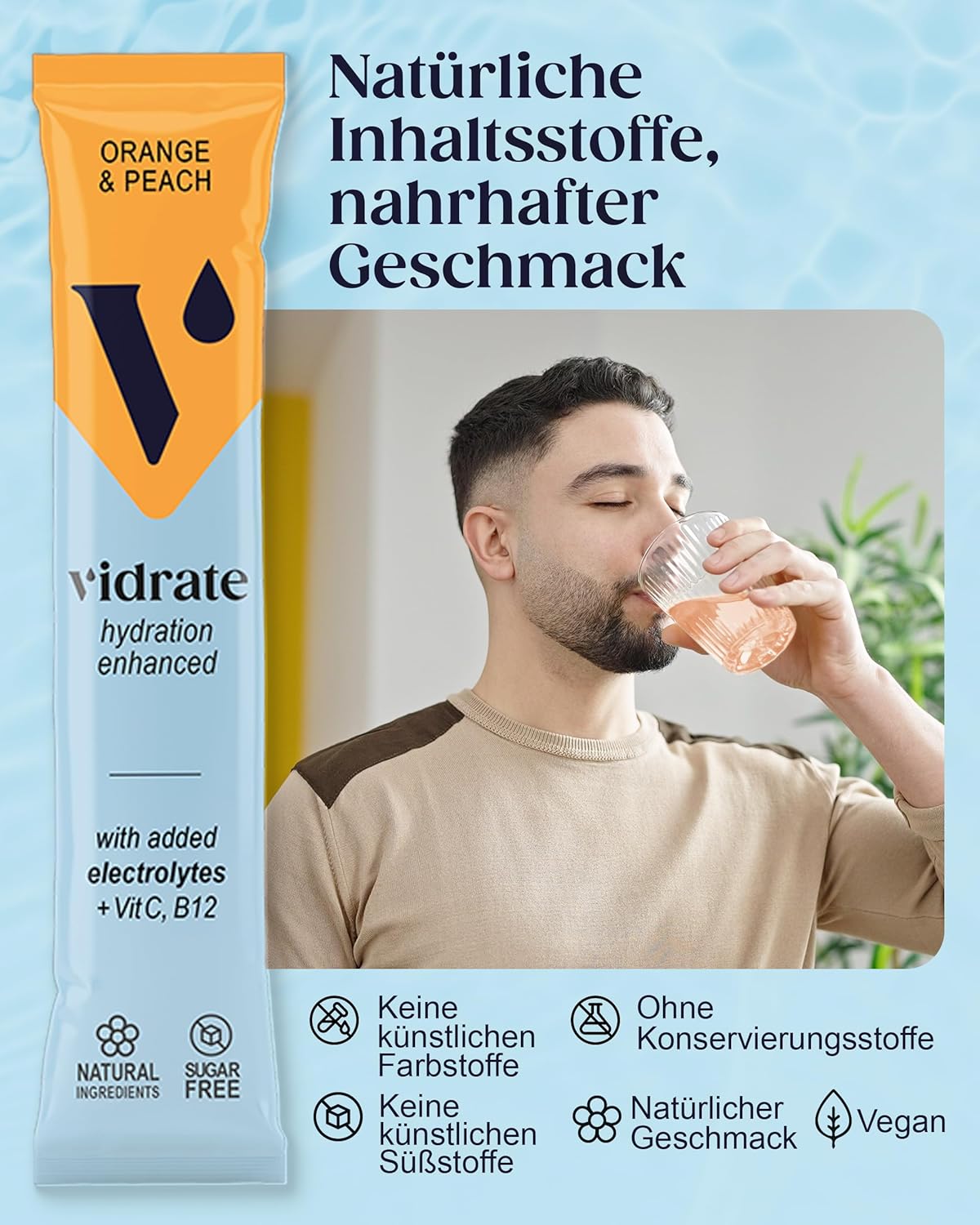 Ausdauer & Energie – ViDrate Electrolyte Powder without Sugar - Orange & Peach Flavoured Electrolyte Drink with Vitamins & Natural Ingredients for Adults - Pack of 8 Hydration Powder Bags – Bild 4