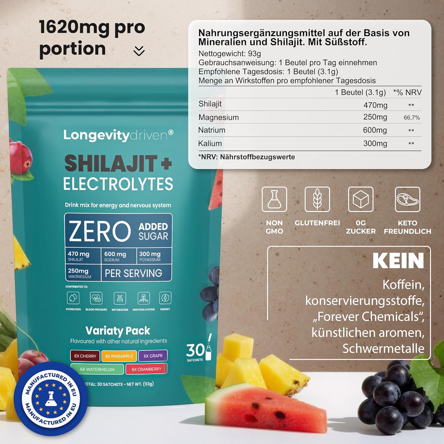 Ausdauer & Energie – Shilajit Original Electrolyte Powder 1620 mg for Men & Women - Vitality & Longevity Drink with Shilajit Original Himalaya, Magnesium, Sodium & Potassium, 5 Flavours - 30 Servings – Bild 5