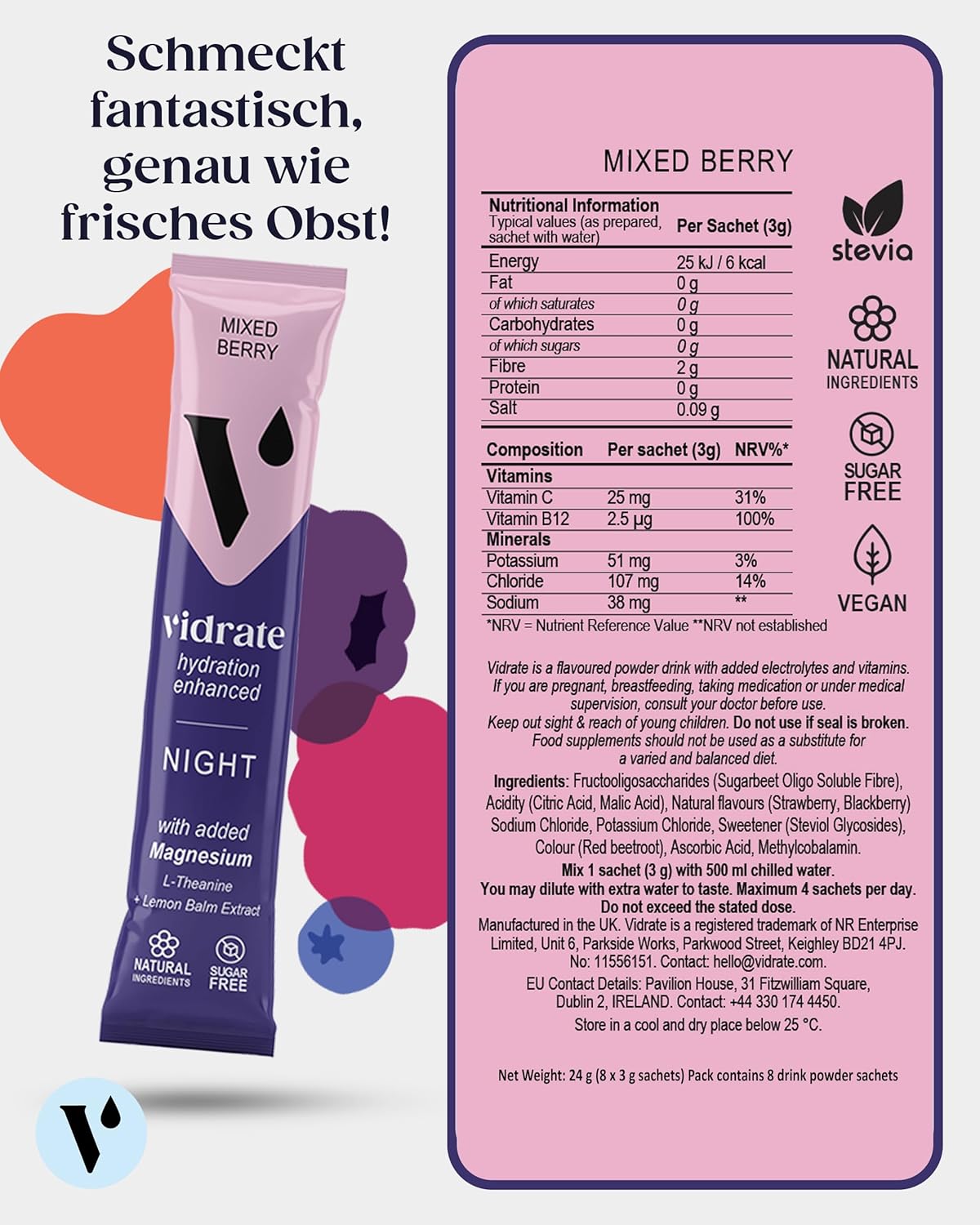 Ausdauer & Energie – Electrolyte Powder without Sugar - Night Time Mixed Berry Flavoured Electrolyte Drink with Vitamins & Natural Ingredients for Adults - ViDrate Pack of 8 Hydration Powder Bags – Bild 2
