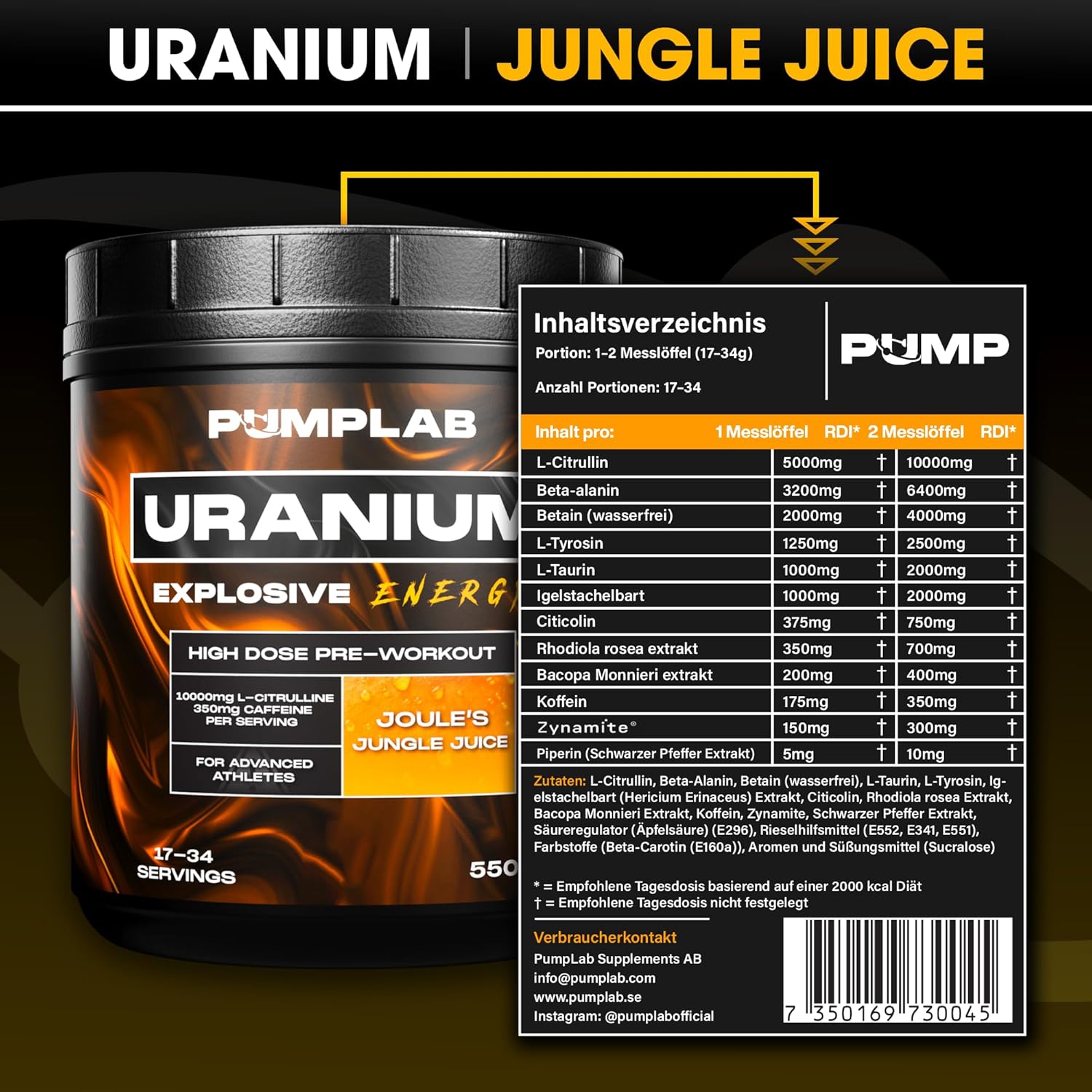 Ausdauer & Energie – Uranium Hardcore Pre-Workout with High Caffeine Content, L-Citrulline, Beta-Alanine & Nootropics, 550g PWO for Energy, Pump & Focus – Bild 2