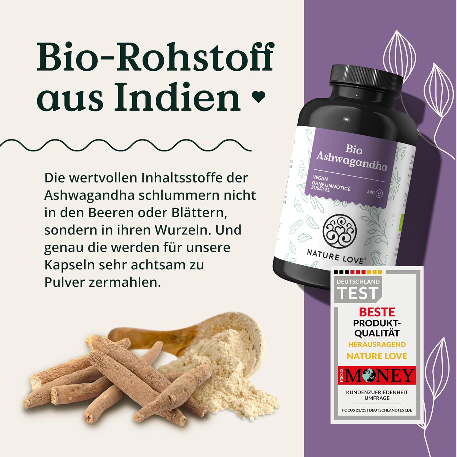 Potenzmittel & Standfestigkeit – NATURE LOVE® Organic Ashwagandha – 240 Capsules – High Dose with 1950 mg per Daily Dose – High-Quality Indian Ashwagandha – Laboratory Tested, Vegan, Produced in Germany – Bild 5