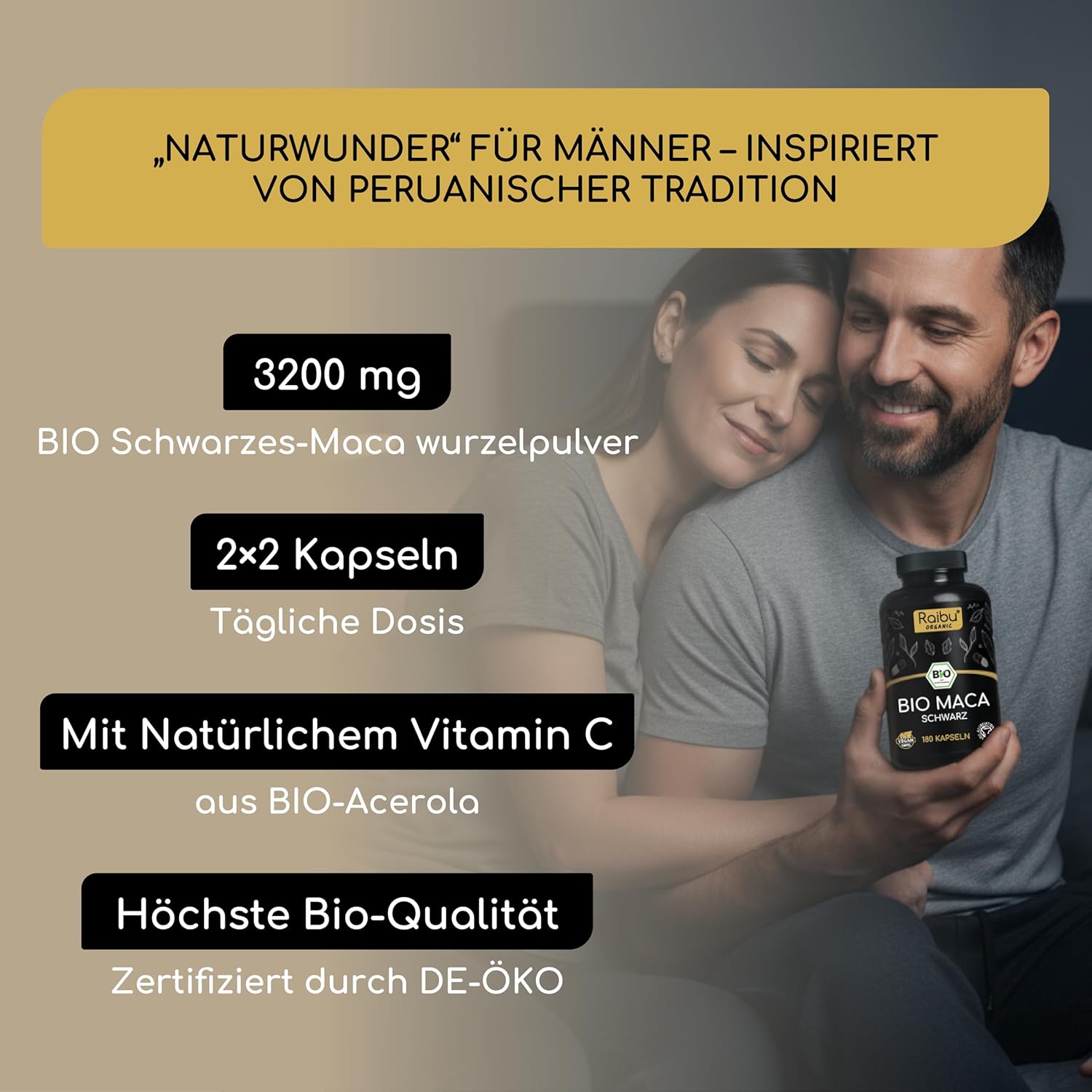 Potenzmittel & Standfestigkeit – Organic Maca Capsules (Black) - 3200 mg per Daily Dose (Equivalent to 12,800 mg Maca Root from Peru), with Natural Vitamin C - Certified Organic, Vegan & No Magnesium Stearate – Bild 3