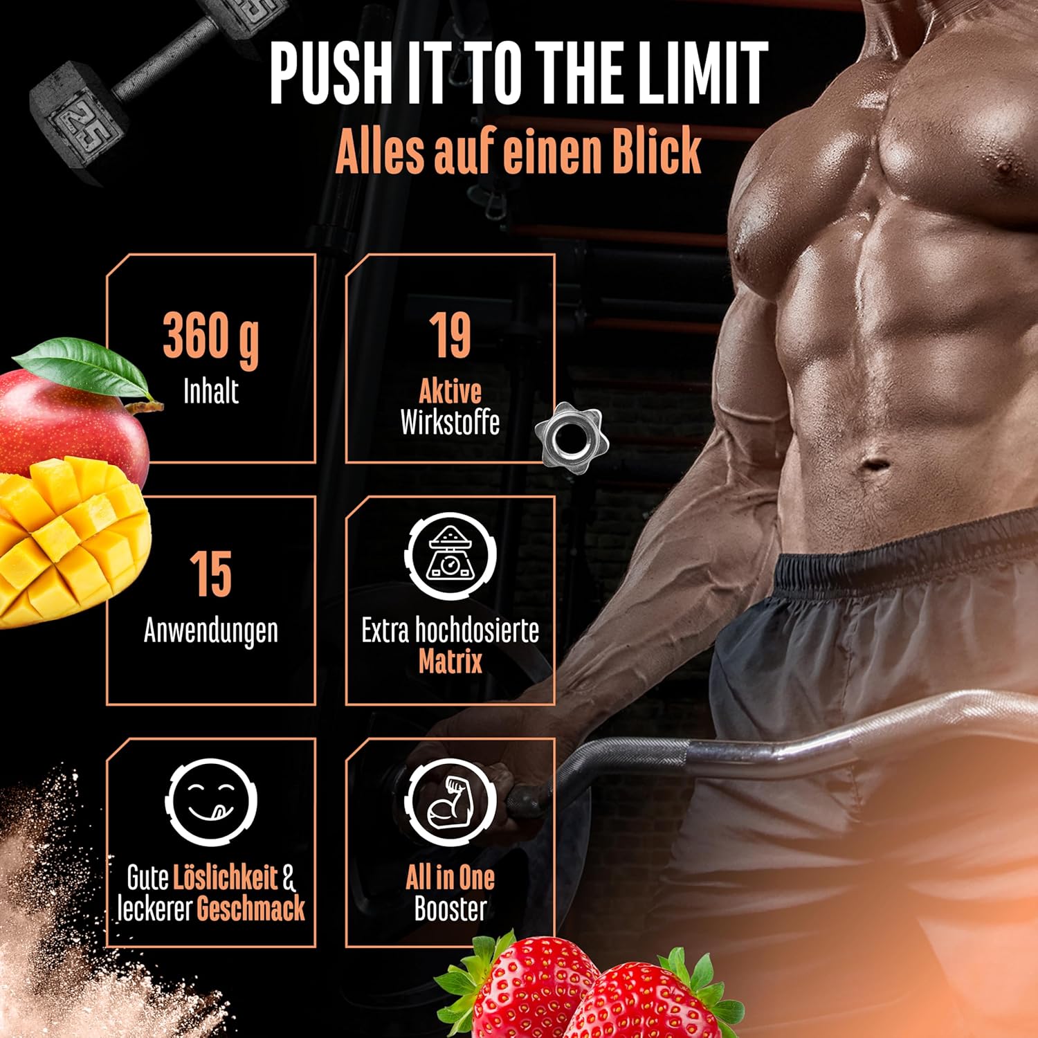 Ausdauer & Energie – Push it to the Limit - Pre Workout with L-Arginine + Citrulline + L-Tyrosine + L-Theanine + L-Carnitine + AAKG + Taurine + Rhodiola Rose Root + Caffeine - High Dose - 360 g - Mango Strawberry Taste – Bild 3