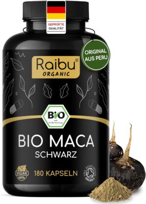 Potenzmittel & Standfestigkeit – Organic Maca Capsules (Black) - 3200 mg per Daily Dose (Equivalent to 12,800 mg Maca Root from Peru), with Natural Vitamin C - Certified Organic, Vegan & No Magnesium Stearate