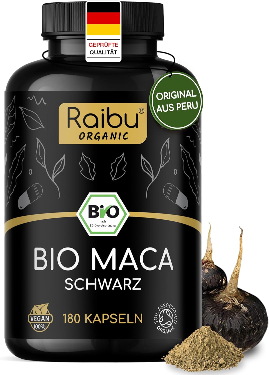 Potenzmittel & Standfestigkeit – Organic Maca Capsules (Black) - 3200 mg per Daily Dose (Equivalent to 12,800 mg Maca Root from Peru), with Natural Vitamin C - Certified Organic, Vegan & No Magnesium Stearate